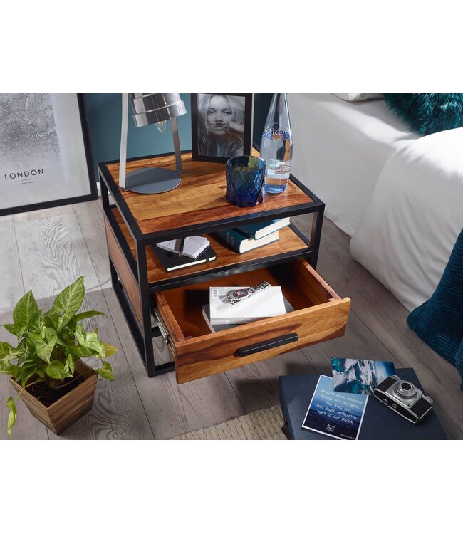 Wohnling 50 x 45 x 45 cm WL5.624 Sheesham Wood Metaal Zwart nachtkastje Nachtkastje met lade Industrieel ontwerp | Industrieel nachtkastje bed | Nachtkastje nachtkastje bruin