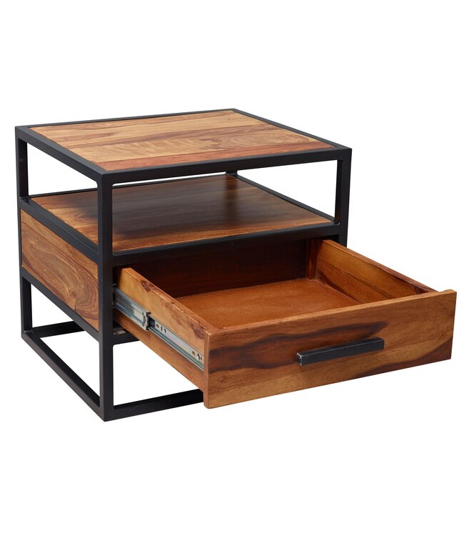 Wohnling 50 x 45 x 45 cm WL5.624 Sheesham Wood Metaal Zwart nachtkastje Nachtkastje met lade Industrieel ontwerp | Industrieel nachtkastje bed | Nachtkastje nachtkastje bruin