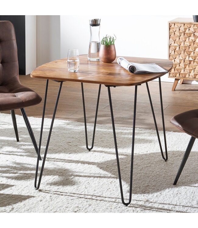 Wohnling eetkamertafel KELA 80x80x76 cm massief hout Sheesham | Eettafel met metalen poten | Massief echt houten tafelvierkant | Design houten vaste tafel | Moderne keukentafel bruin
