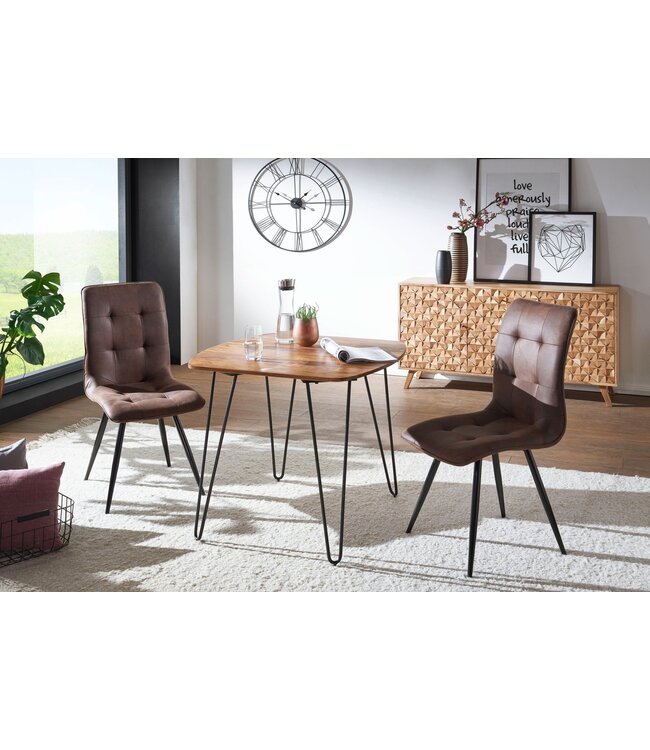 Wohnling eetkamertafel KELA 80x80x76 cm massief hout Sheesham | Eettafel met metalen poten | Massief echt houten tafelvierkant | Design houten vaste tafel | Moderne keukentafel bruin