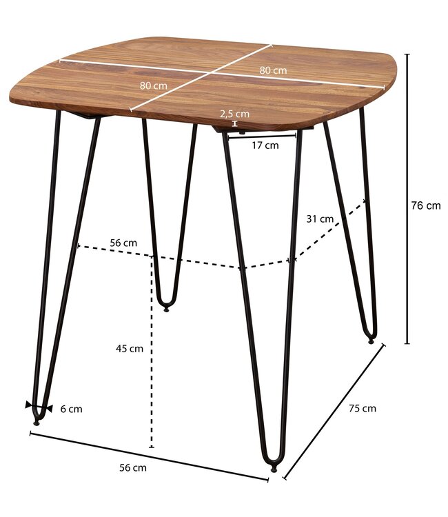Wohnling eetkamertafel KELA 80x80x76 cm massief hout Sheesham | Eettafel met metalen poten | Massief echt houten tafelvierkant | Design houten vaste tafel | Moderne keukentafel bruin