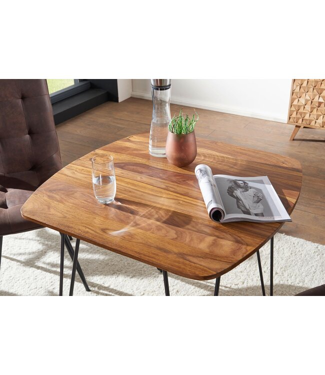 Wohnling eetkamertafel KELA 80x80x76 cm massief hout Sheesham | Eettafel met metalen poten | Massief echt houten tafelvierkant | Design houten vaste tafel | Moderne keukentafel bruin