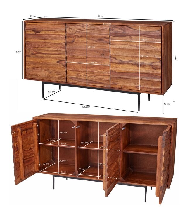 Wohnling WOONEND  dressoir WL5.635 Sheesham massief hout 150x81x41 cm rustieke ladekast | Design dressoir groot | Hoge ladekast met 3 deuren massief hout | Vloerkast Woonkamer Modern
