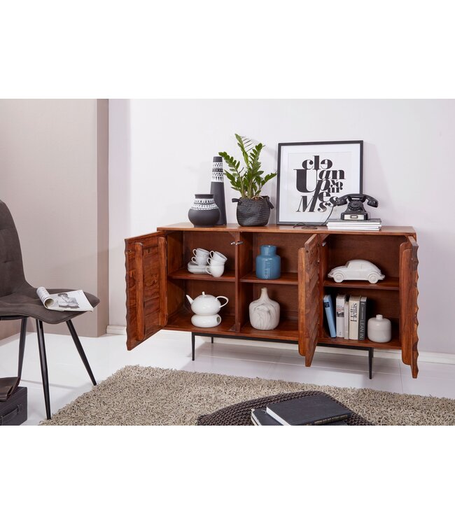 Wohnling WOONEND  dressoir WL5.635 Sheesham massief hout 150x81x41 cm rustieke ladekast | Design dressoir groot | Hoge ladekast met 3 deuren massief hout | Vloerkast Woonkamer Modern