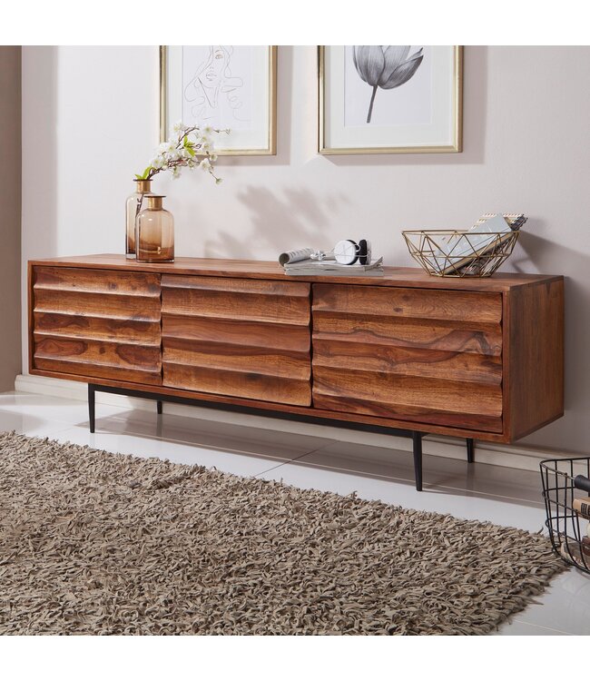 Wohnling HiFi Lowboard WL5.636 Sheesham massief houten landhuis TV-dressoir 147x50x38cm | TV-meubel Onderkast met 3 deuren | Opbergvak voor tv-tafel | TV-meubel voor tv