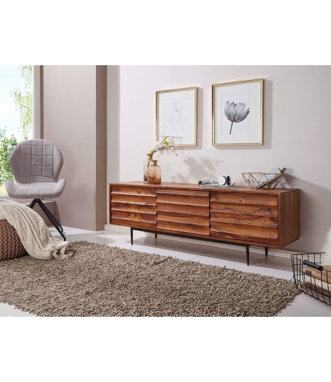 Wohnling HiFi Lowboard WL5.636 Sheesham massief houten landhuis TV-dressoir 147x50x38cm | TV-meubel Onderkast met 3 deuren | Opbergvak voor tv-tafel | TV-meubel voor tv