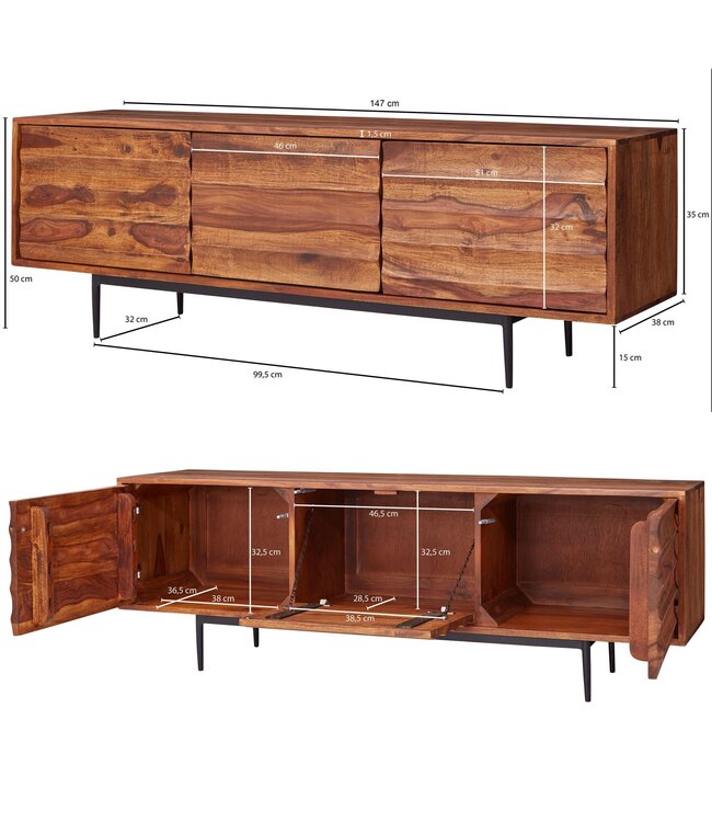 Wohnling HiFi Lowboard WL5.636 Sheesham massief houten landhuis TV-dressoir 147x50x38cm | TV-meubel Onderkast met 3 deuren | Opbergvak voor tv-tafel | TV-meubel voor tv