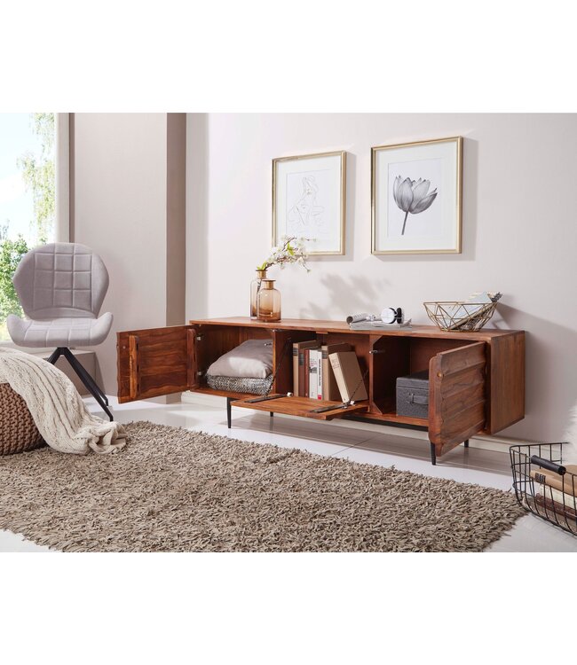 Wohnling HiFi Lowboard WL5.636 Sheesham massief houten landhuis TV-dressoir 147x50x38cm | TV-meubel Onderkast met 3 deuren | Opbergvak voor tv-tafel | TV-meubel voor tv