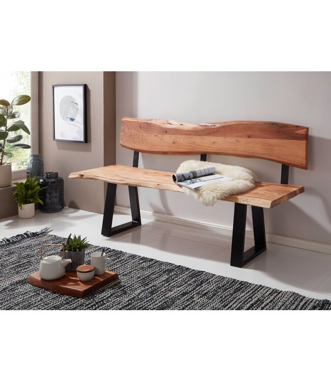 Wohnling Eetkamerbank GAYA 160x83,5x60 cm Acacia Massiefhout Bank met Boomrand, Zitbank Houten bank met rugleuning, Keukenbank Eetbank Hout Landhuisstijl, Boomstam Keukenzitbank 3 Zits Massief