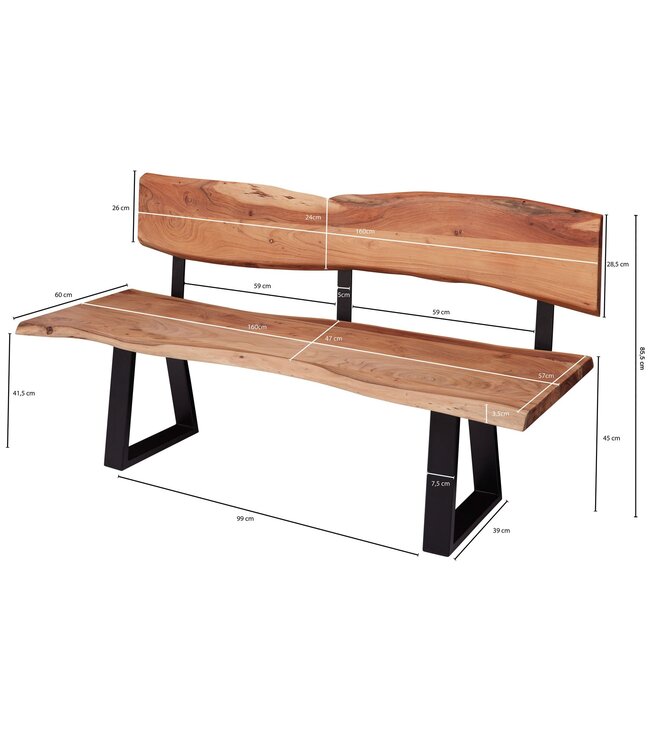 Wohnling Eetkamerbank GAYA 160x83,5x60 cm Acacia Massiefhout Bank met Boomrand, Zitbank Houten bank met rugleuning, Keukenbank Eetbank Hout Landhuisstijl, Boomstam Keukenzitbank 3 Zits Massief