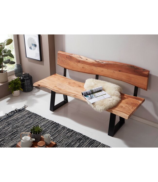 Wohnling Eetkamerbank GAYA 160x83,5x60 cm Acacia Massiefhout Bank met Boomrand, Zitbank Houten bank met rugleuning, Keukenbank Eetbank Hout Landhuisstijl, Boomstam Keukenzitbank 3 Zits Massief