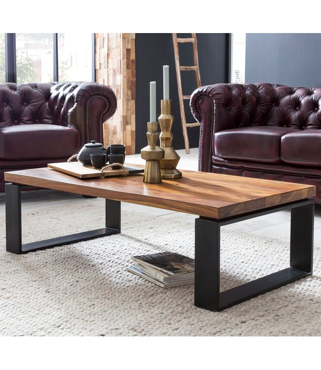 Wohnling Salontafel WL5.650 Sheesham Massief houten salontafel 115x35x60 cm met metalen frame | Salontafel rechthoekig massief hout bruin | Houten tafel modern | Woonkamer met tafel