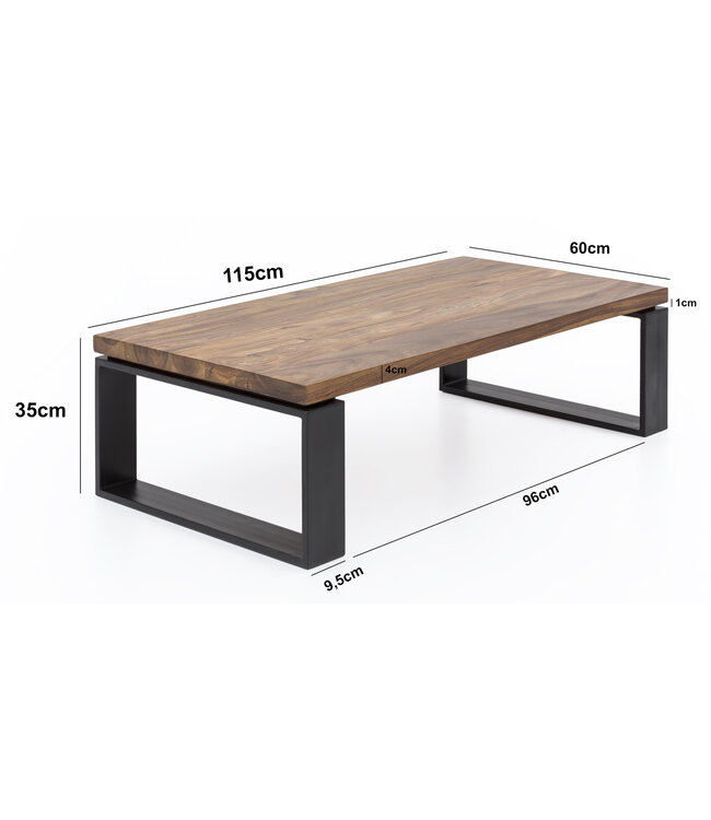 Wohnling Salontafel WL5.650 Sheesham Massief houten salontafel 115x35x60 cm met metalen frame | Salontafel rechthoekig massief hout bruin | Houten tafel modern | Woonkamer met tafel