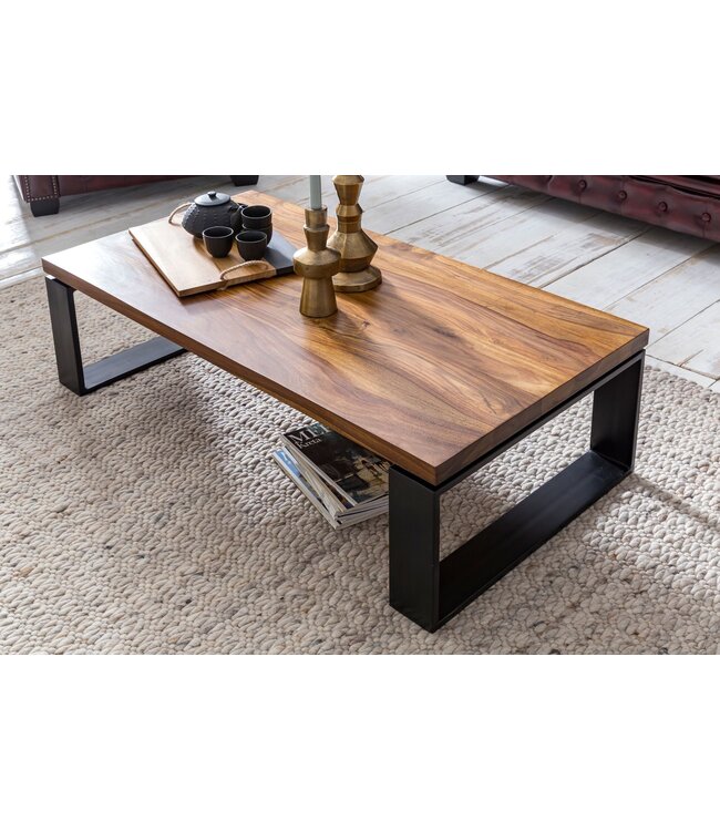 Wohnling Salontafel WL5.650 Sheesham Massief houten salontafel 115x35x60 cm met metalen frame | Salontafel rechthoekig massief hout bruin | Houten tafel modern | Woonkamer met tafel