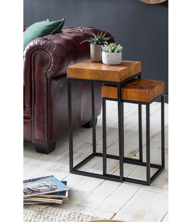 Wohnling Design nesttafel WL5.660 Sheesham metalen bijzettafel set van 2 kleine | Koffietafel Set 2 houten tafels | Massief houten koffietafel metalen frame | Smalle salontafel van palissander