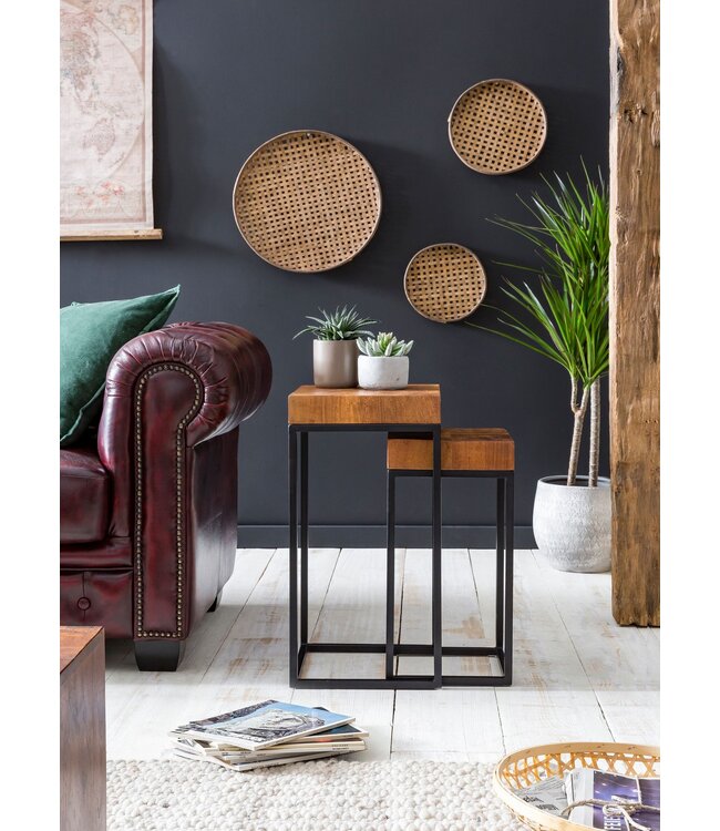 Wohnling Design nesttafel WL5.660 Sheesham metalen bijzettafel set van 2 kleine | Koffietafel Set 2 houten tafels | Massief houten koffietafel metalen frame | Smalle salontafel van palissander
