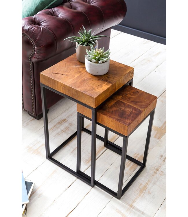 Wohnling Design nesttafel WL5.660 Sheesham metalen bijzettafel set van 2 kleine | Koffietafel Set 2 houten tafels | Massief houten koffietafel metalen frame | Smalle salontafel van palissander