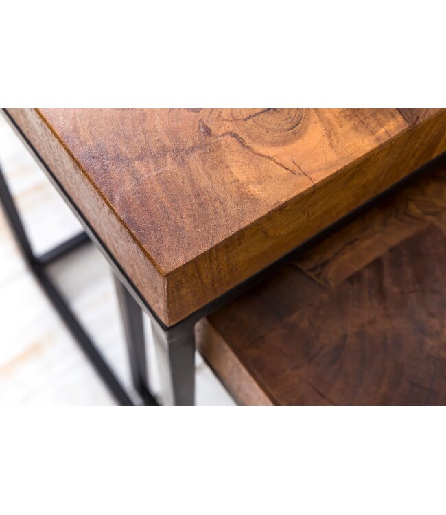 Wohnling Design nesttafel WL5.660 Sheesham metalen bijzettafel set van 2 kleine | Koffietafel Set 2 houten tafels | Massief houten koffietafel metalen frame | Smalle salontafel van palissander