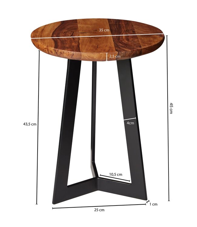 Wohnling tafel 35 x 45 x 35 cm hout WL5.664 Sheesham metaallijst | Industriele stijl Echte houten kruk Woonkamer | Houten tafel Banktafel Metalen poten | Anstellisch Dekotisch Rosewood