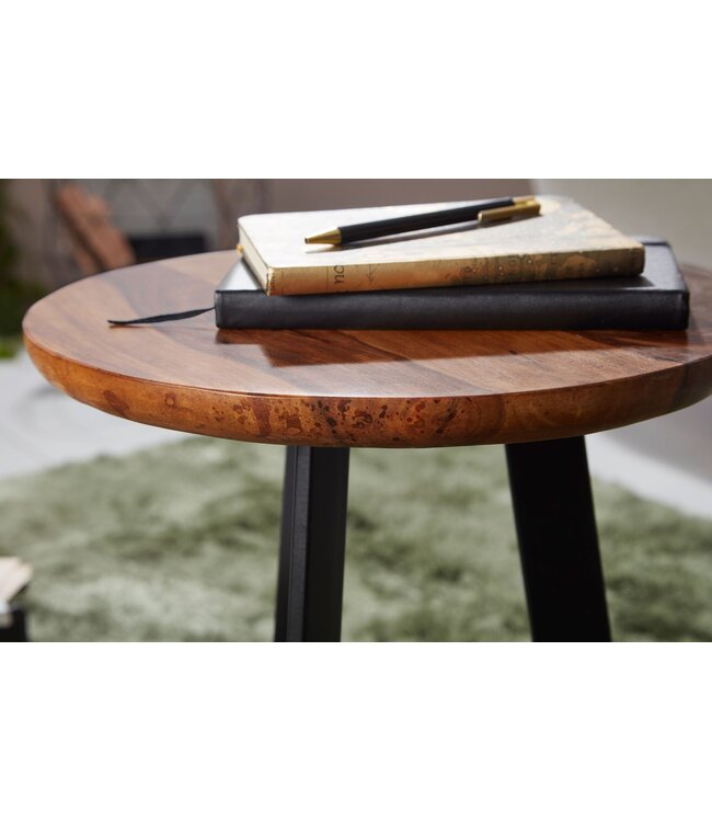 Wohnling tafel 35 x 45 x 35 cm hout WL5.664 Sheesham metaallijst | Industriele stijl Echte houten kruk Woonkamer | Houten tafel Banktafel Metalen poten | Anstellisch Dekotisch Rosewood