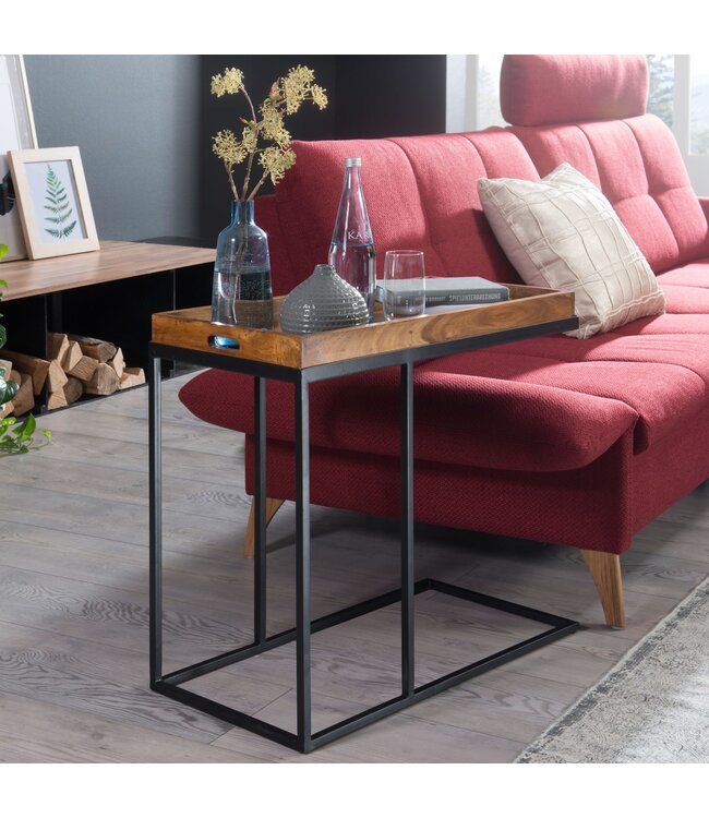 Wohnling tabel WL5.667 sheesham 70x65x34 cm met metalen frame | Ontwerp TV-lade Lade Tafel Woonkamer | Kleine palissander dienblad natuurlijke hout | Abstellisch houten metalen blad