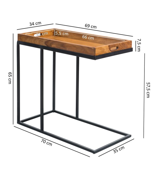 Wohnling tabel WL5.667 sheesham 70x65x34 cm met metalen frame | Ontwerp TV-lade Lade Tafel Woonkamer | Kleine palissander dienblad natuurlijke hout | Abstellisch houten metalen blad