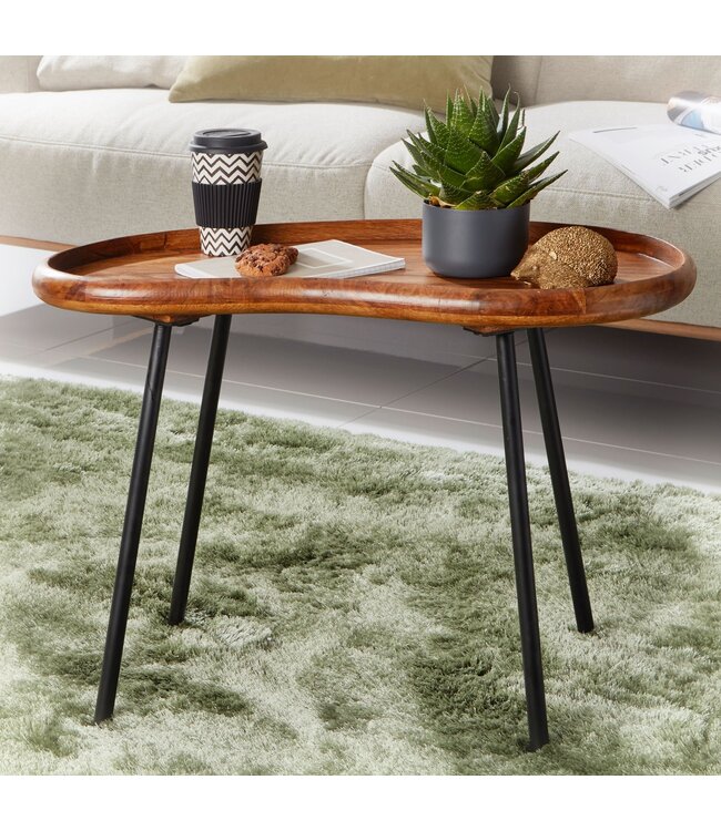 Wohnling salontafel WL5.669 71x51x40 cm Sheesham massieve banktafel niervorm met metalen poten | Salontafel massief hout | Kleine niertafel echt hout | Stubentisch Holz | Bijzettafel Modern