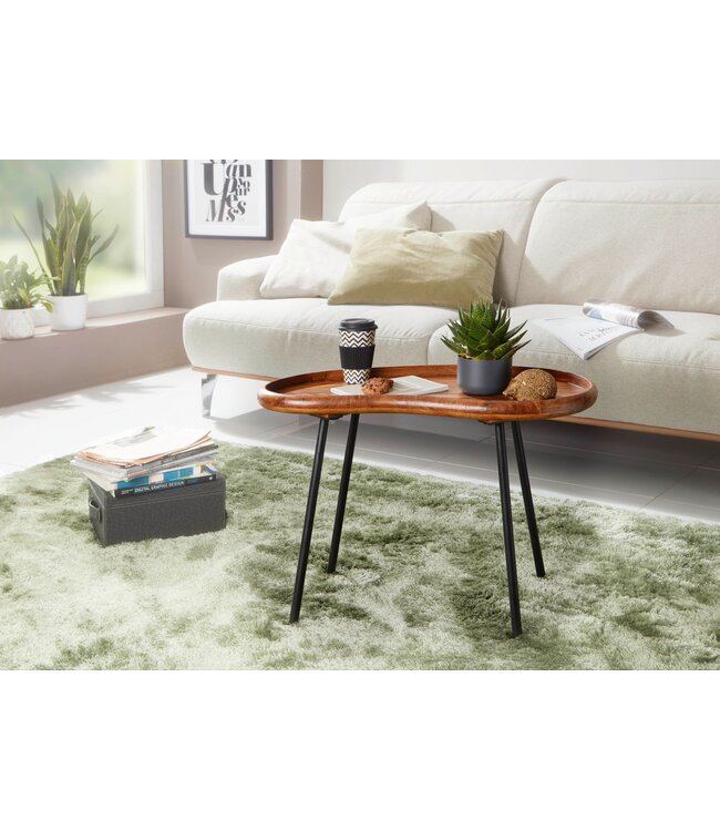 Wohnling salontafel WL5.669 71x51x40 cm Sheesham massieve banktafel niervorm met metalen poten | Salontafel massief hout | Kleine niertafel echt hout | Stubentisch Holz | Bijzettafel Modern