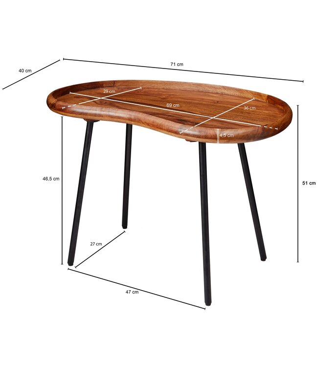 Wohnling salontafel WL5.669 71x51x40 cm Sheesham massieve banktafel niervorm met metalen poten | Salontafel massief hout | Kleine niertafel echt hout | Stubentisch Holz | Bijzettafel Modern