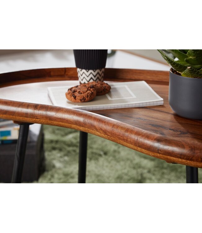 Wohnling salontafel WL5.669 71x51x40 cm Sheesham massieve banktafel niervorm met metalen poten | Salontafel massief hout | Kleine niertafel echt hout | Stubentisch Holz | Bijzettafel Modern
