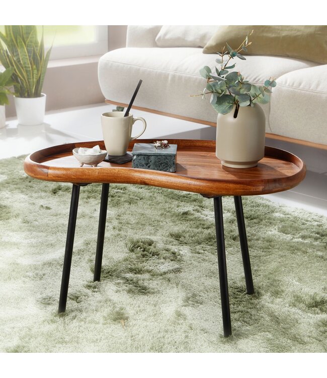 Wohnling salontafel WL5.670 71x42x40 cm Sheesham massieve zitbank niervorm met metalen poten | Salontafel massief hout | Kleine niertafel echt hout | Stubentisch Holz | Bijzettafel Modern