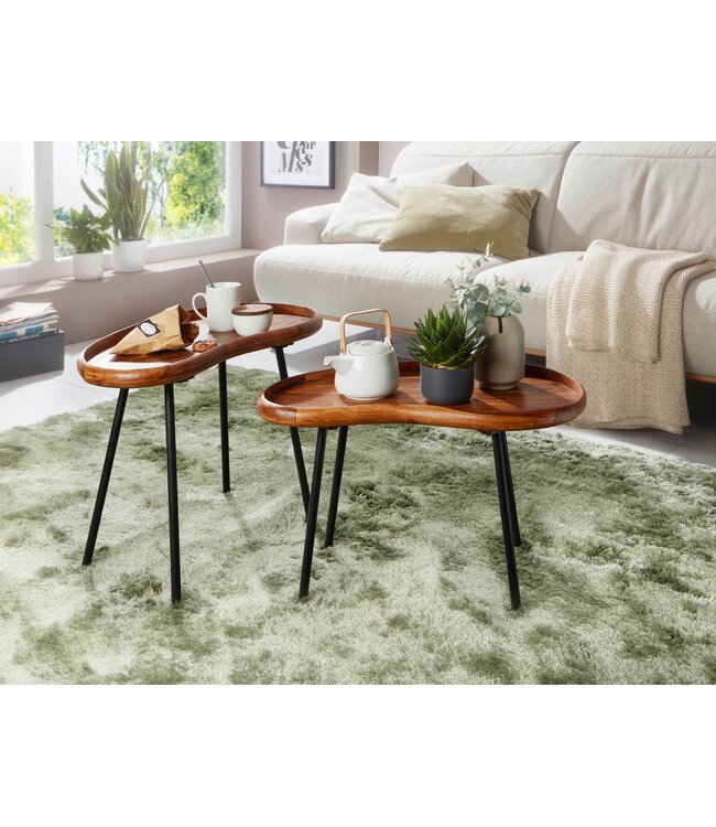Wohnling salontafel WL5.670 71x42x40 cm Sheesham massieve zitbank niervorm met metalen poten | Salontafel massief hout | Kleine niertafel echt hout | Stubentisch Holz | Bijzettafel Modern