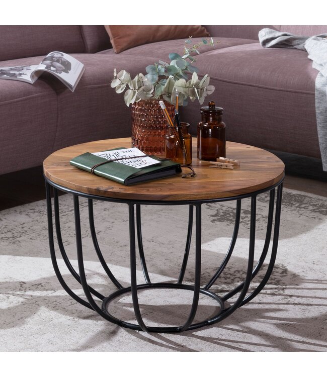 Wohnling KOFFIETAFEL MANORA 60x39x60 cm Sheesham massief hout / metalen rieten tafel | Ontwerp salontafel | Salontafel Rond | Stubentable Industrial Brown | Houten tafel salontafel massief | Woonkamer met tafel