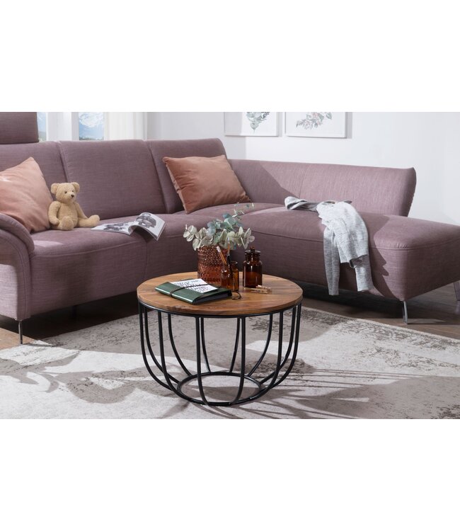 Wohnling KOFFIETAFEL MANORA 60x39x60 cm Sheesham massief hout / metalen rieten tafel | Ontwerp salontafel | Salontafel Rond | Stubentable Industrial Brown | Houten tafel salontafel massief | Woonkamer met tafel