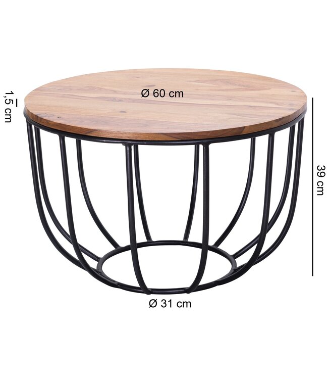 Wohnling KOFFIETAFEL MANORA 60x39x60 cm Sheesham massief hout / metalen rieten tafel | Ontwerp salontafel | Salontafel Rond | Stubentable Industrial Brown | Houten tafel salontafel massief | Woonkamer met tafel