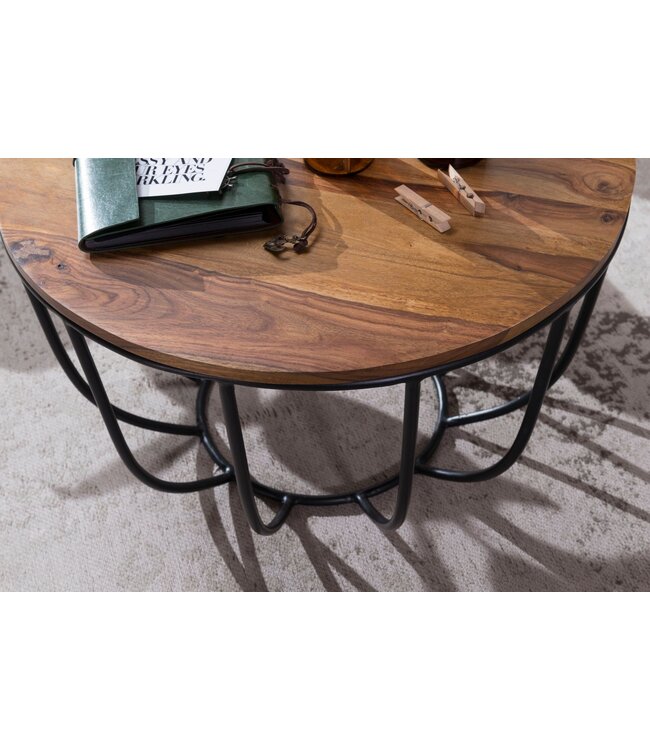 Wohnling KOFFIETAFEL MANORA 60x39x60 cm Sheesham massief hout / metalen rieten tafel | Ontwerp salontafel | Salontafel Rond | Stubentable Industrial Brown | Houten tafel salontafel massief | Woonkamer met tafel
