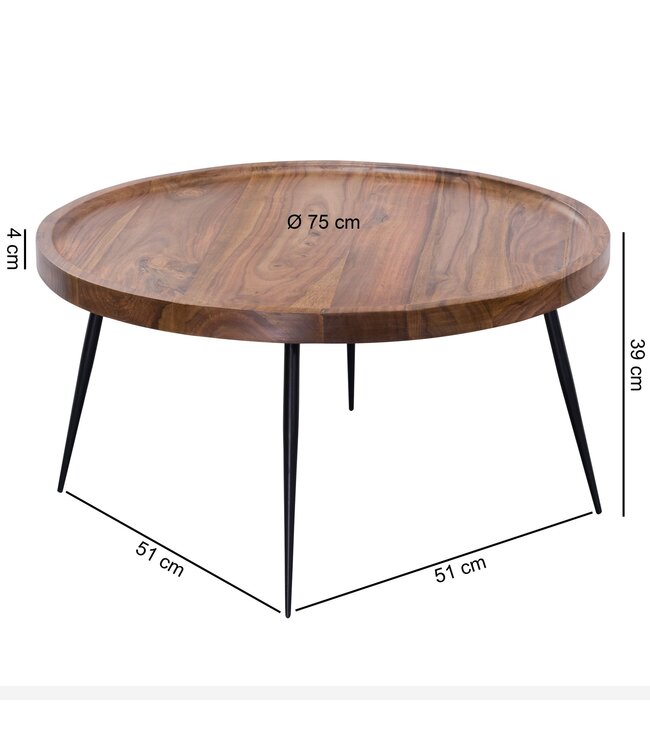 Wohnling salontafel Bharu 75x39x75 cm Sheesham massief houten / metalen salontafel | Ontwerp salontafel rond | Stubentisch Retro Bruin | Ontwerper Houten Tafel Koffietafel Massief | Woonkamer met tafel