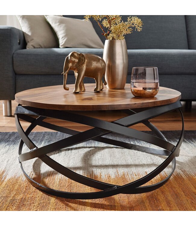 Wohnling salontafel MANUR 60x30x60 cm Sheesham massief houten / metalen salontafel | Design salontafel rond | Kamertafel industrieel bruin | Design houten salontafel massief | Tafel woonkamer