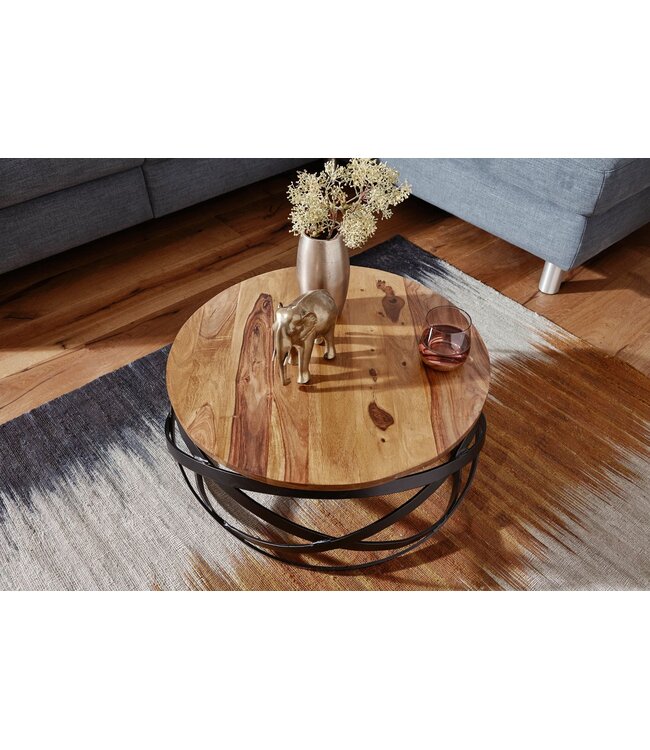 Wohnling salontafel MANUR 60x30x60 cm Sheesham massief houten / metalen salontafel | Design salontafel rond | Kamertafel industrieel bruin | Design houten salontafel massief | Tafel woonkamer