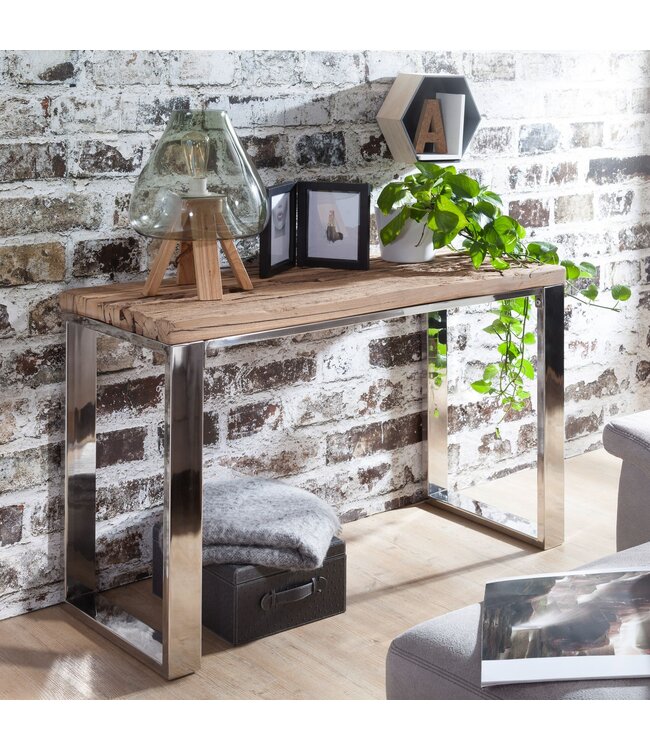 Wohnling consoletafel PRIYA 115x76x46 cm massief hout natuur | Console rustieke woonkamer | Sideboard Gang Gang Smalle | Toilettafel Industriële stijl | Echte houten kaptafel slaapkamer hoog