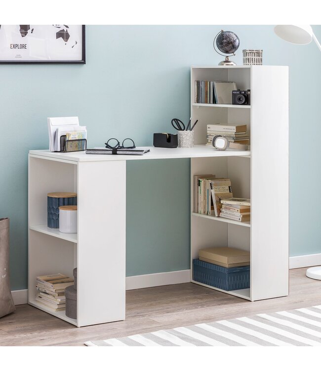 Wohnling bureau WL5.692 met legbord 120 x 120 x 53 cm wit mat hout Modern | Opbergvakken op bureauplank PC-tafel | Computerbureau met plank | Wit designtafelbureau met opbergruimte
