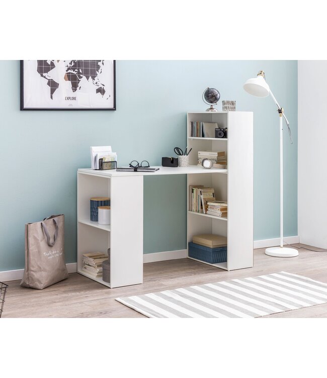 Wohnling bureau WL5.692 met legbord 120 x 120 x 53 cm wit mat hout Modern | Opbergvakken op bureauplank PC-tafel | Computerbureau met plank | Wit designtafelbureau met opbergruimte