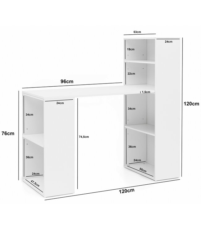 Wohnling bureau WL5.692 met legbord 120 x 120 x 53 cm wit mat hout Modern | Opbergvakken op bureauplank PC-tafel | Computerbureau met plank | Wit designtafelbureau met opbergruimte