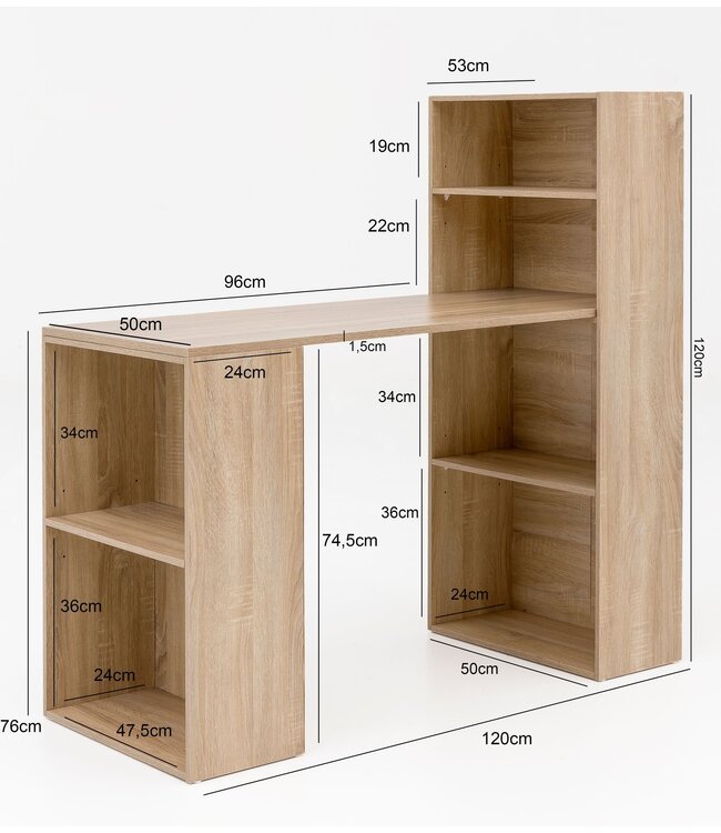 Wohnling bureau WL5.693 met legbord 120 x 120 x 53 cm Sonoma hout Modern | Opbergvakken op bureauplank PC-tafel | Computerbureau met plank | Ontwerptafelbureau met opslag