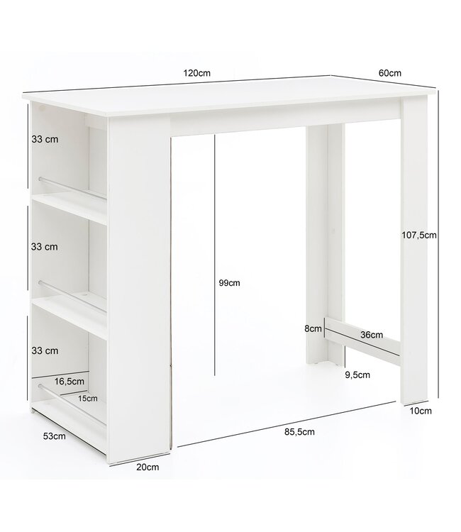 Wohnling Bartafel WL5.732 Wit 120 x 107,5 x 60 cm Staande tafel Hout Keukenbartafel, Bartafel met geïntegreerd rek, Bar-Bistrotafel Keuken Rechthoekig, Party-toonbank Houten tafel, Wandtafel Minibar