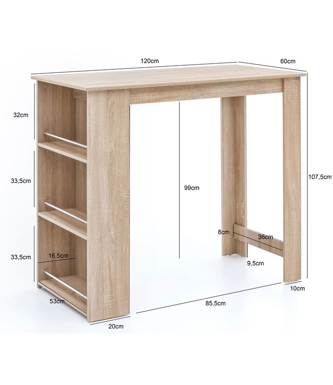 Wohnling Bartafel Sonoma 120x107,5x60 cm Staande tafel Hout Keukenbartafel, Bartafel met geïntegreerd rek, Bar-bistrotafel, Party-balie
