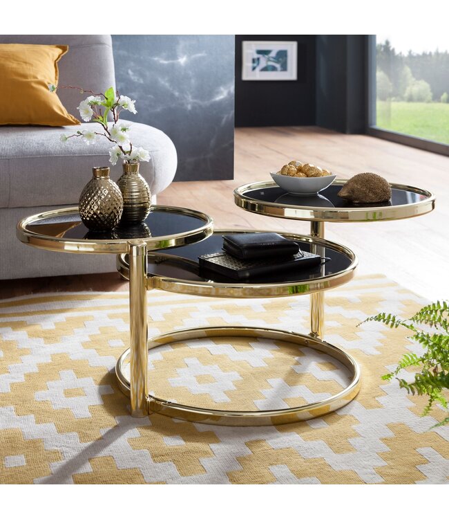 Wohnling salontafel SUSI met 3 tafelbladen Zwart / Goud 58 x 43 x 58 cm | Bijzettafel rond | Ontwerp salontafel glas / metaal | Designtafel met glazen tafel modern | Kleine salontafel