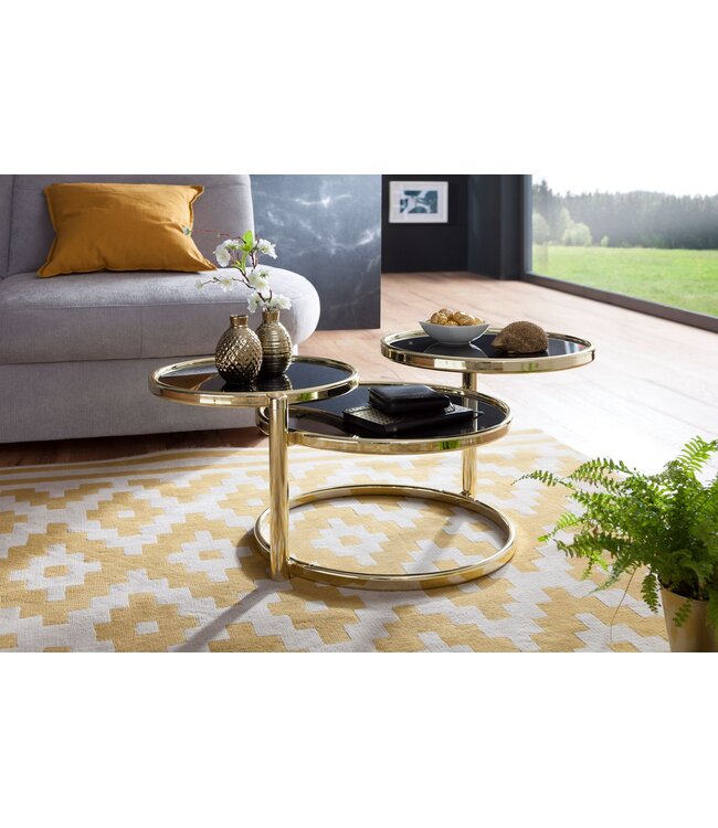 Wohnling salontafel SUSI met 3 tafelbladen Zwart / Goud 58 x 43 x 58 cm | Bijzettafel rond | Ontwerp salontafel glas / metaal | Designtafel met glazen tafel modern | Kleine salontafel