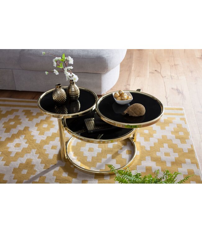 Wohnling salontafel SUSI met 3 tafelbladen Zwart / Goud 58 x 43 x 58 cm | Bijzettafel rond | Ontwerp salontafel glas / metaal | Designtafel met glazen tafel modern | Kleine salontafel
