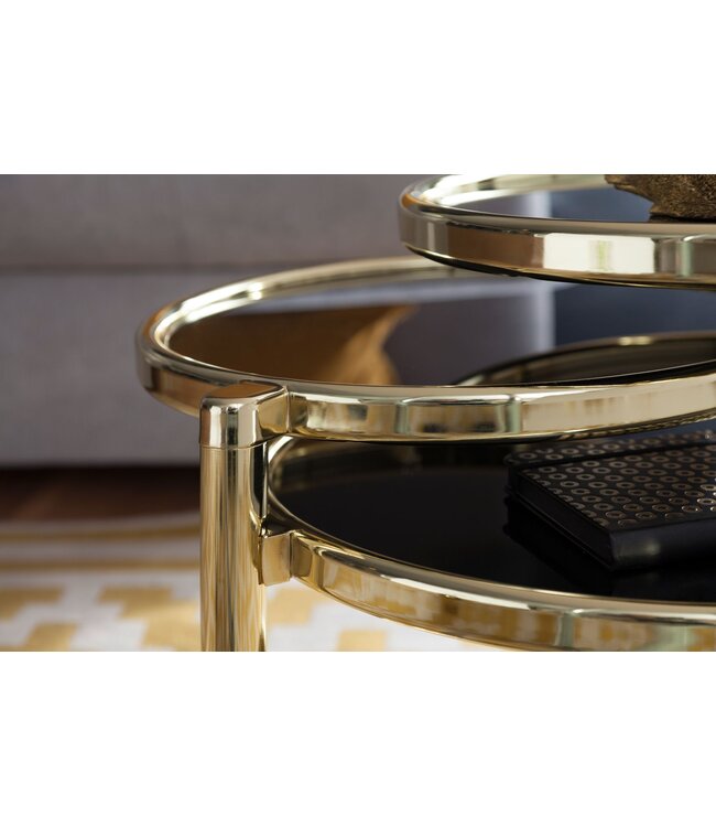 Wohnling salontafel SUSI met 3 tafelbladen Zwart / Goud 58 x 43 x 58 cm | Bijzettafel rond | Ontwerp salontafel glas / metaal | Designtafel met glazen tafel modern | Kleine salontafel